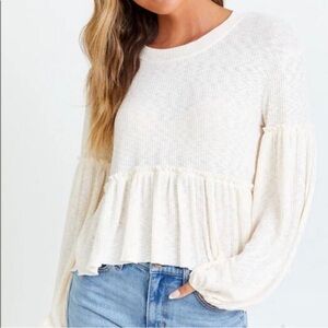 Altar'd State Cream Long Sleeve Ruffle Peplum Top